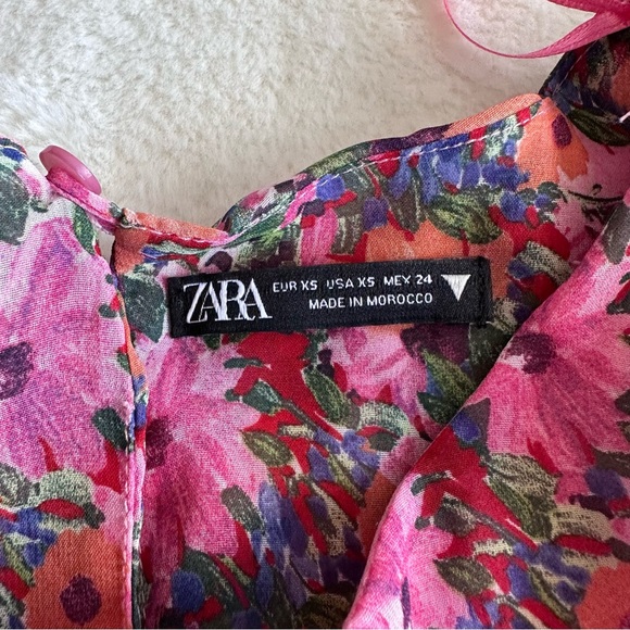 ZARA Floral Draped Mini Pink Dress Crewneck Puff Shoulders XS - Picture 10 of 11